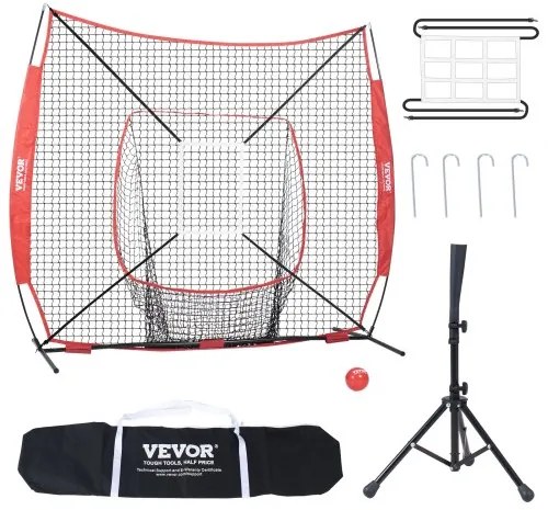 VEVOR 7x7 ft Baseball Softball Practice Net, Portable Baseball Training Net for Hitting Batting Catching Pitching, Backstop Baseball Equipment with Bow Frame, Carry Bag, Strike Zone, Ball, Batting Tee