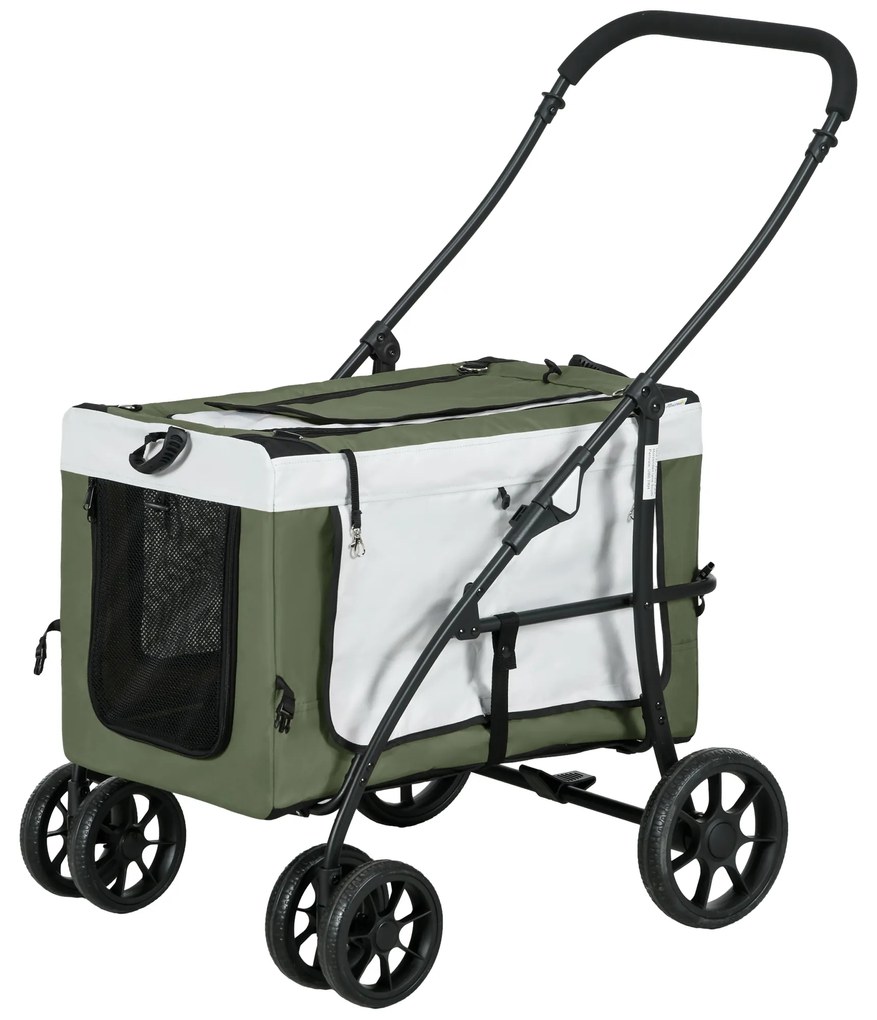 Καρότσι για σκύλους PawHut, καρότσι για κατοικίδια, πτυσσόμενο, αποσπώμενο καλάθι, 81 x 58 x 97,5 cm, Μαύρο+Σκούρο πράσινο+Λευκό