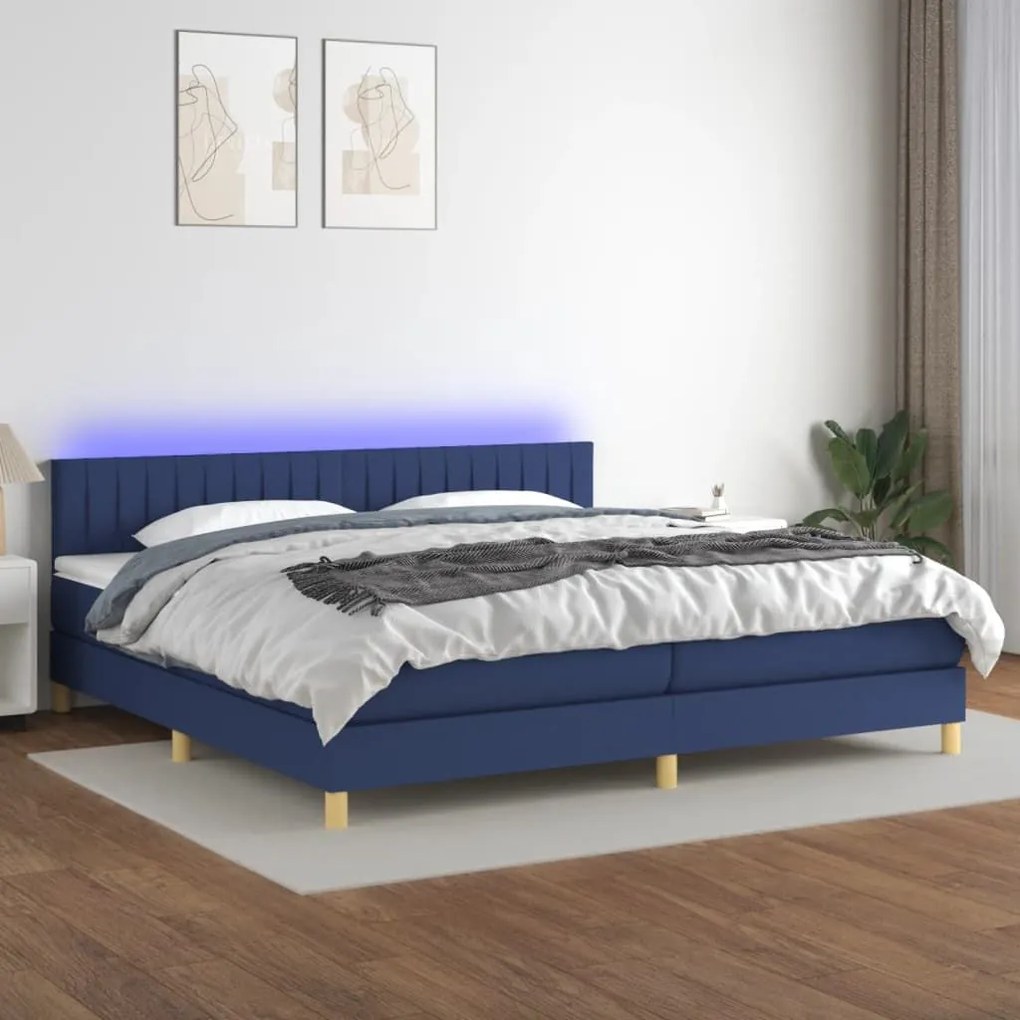 Κρεβάτι Boxspring με Στρώμα &amp; LED Μπλε 200x200 εκ. Υφασμάτινο - Μπλε