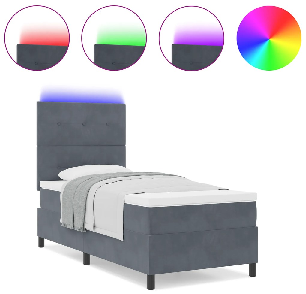 vidaXL κρεβάτι βάσης με στρώμα & LED Γκρι 90x200 εκ. Βελούδο