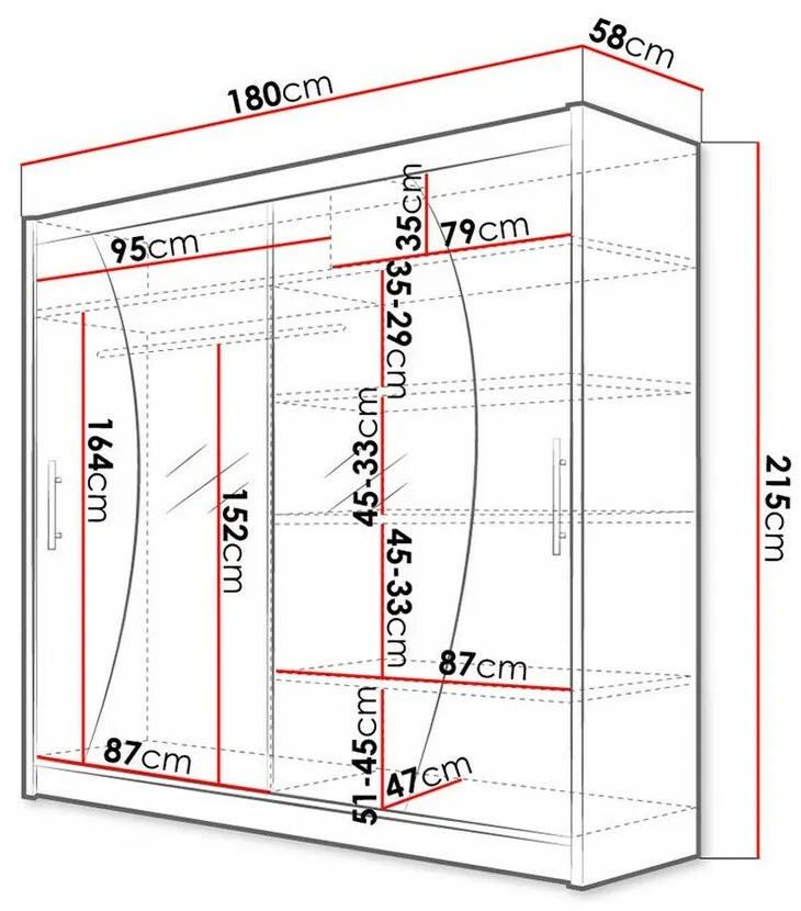 Ντουλάπα Atlanta 115, Σκούρα δρυς, 215x180x58cm, 121 kg, Πόρτες ντουλάπας: Ολίσθηση, Αριθμός ραφιών: 5, Αριθμός ραφιών: 5 | Epipla1.gr