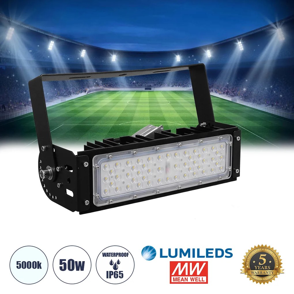 GloboStar GOLIATH 90100-1 LED Προβολέας Γηπέδου - Φωτιστικό Tunnel 50W 8000LM 75°*135° AC 100-277V IP65 Μ32 x Π12 x Υ9cm Ψυχρό Λευκό 5000K - MeanWell Driver &amp; LumiLEDs Chip - 5 Χρόνια Εγγύηση