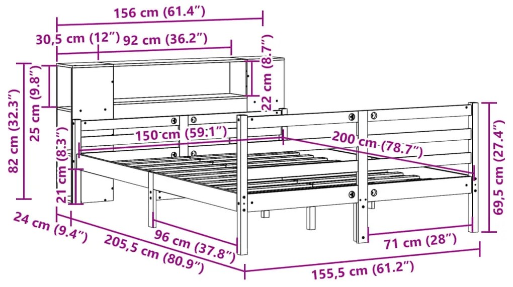 Κρεβάτι Βιβλιοθήκη Χωρίς Στρώμα 150x200 εκ Μασίφ Ξύλο Πεύκου - Λευκό