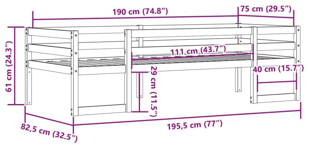 Πλαίσιο Παιδικού Κρεβατιού Καφέ 75x190 εκ. Μασίφ Ξύλο Πεύκου - Καφέ