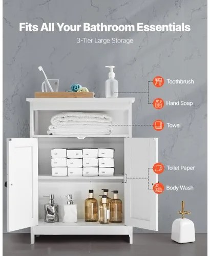 VEVOR Wooden Bathroom Floor Cabinet Storage 3-Tier with Adjustable Shelf White