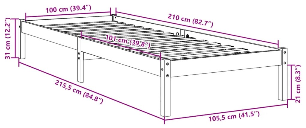 Πλαίσιο Κρεβατιού Μακρύ Χωρίς Στρώμα 100x210 εκ Μασίφ Πεύκο - Καφέ