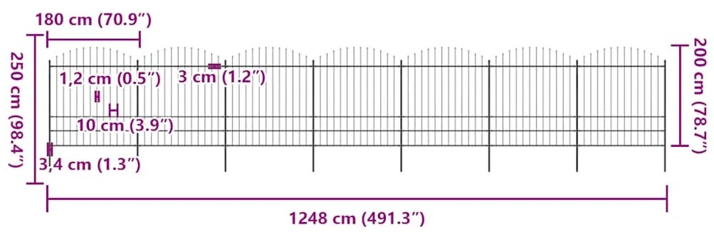 vidaXL Κάγκελα Περίφραξης με Λόγχες Μαύρα (1,75-2) x 11,9 μ. Ατσάλινα