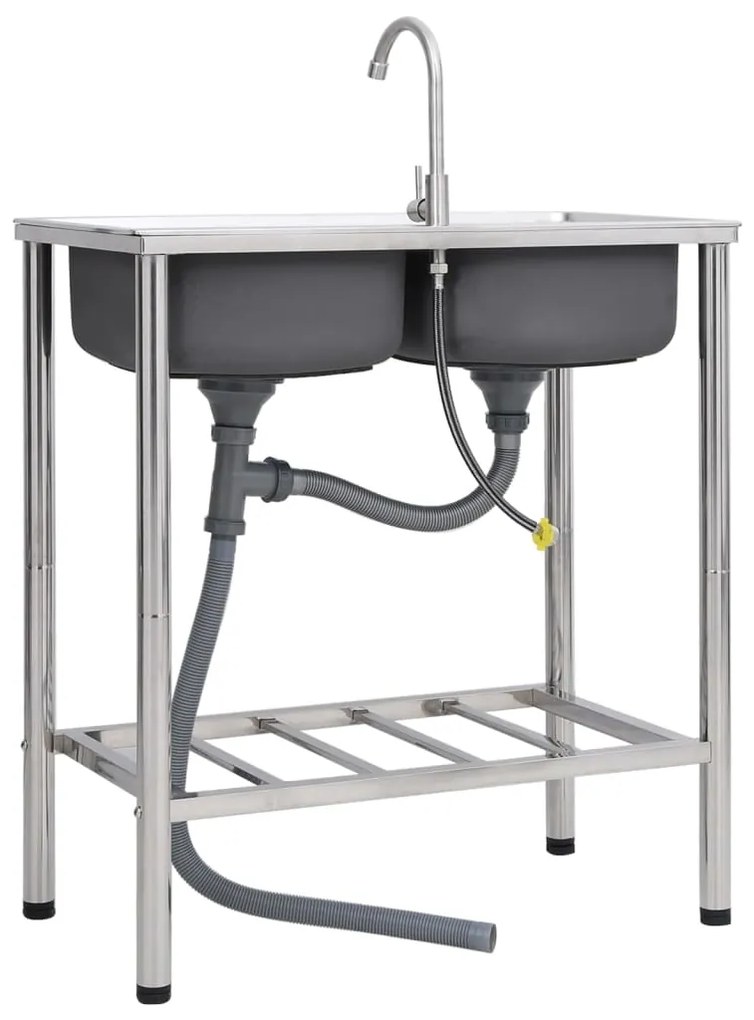 vidaXL Νεροχύτης Εξωτερ. Χώρου με Διπλή Γούρνα &amp; Μπαταρία Ανοξ. Ατσάλι