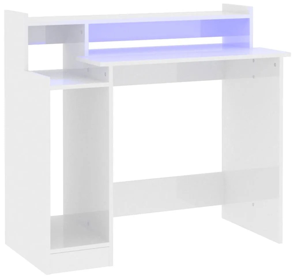 Γραφείο με LED Γυαλιστερό λευκό 97x45x90 εκ. Επεξεργ. Ξύλο - Λευκό