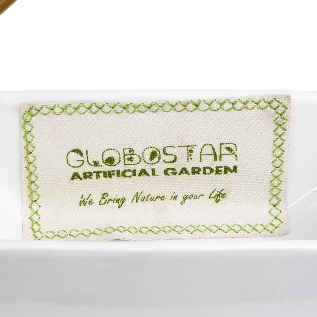 GloboStar® Artificial Garden MANDRITE 20556 Διακοσμητικό Κεραμικό Κασπώ Γλάστρα - Flower Pot Λευκό με Χρυσό Μεταλλικό Πλέγμα και Καφέ Ξύλινη Βάση Μ18 x Π10 x Υ18cm