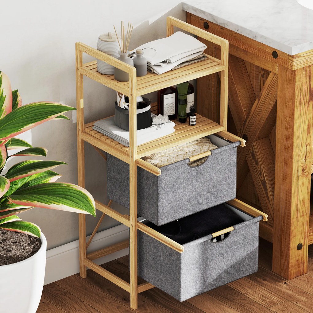 Ράφι ρούχων HOMCOM από μπαμπού, με 2 υφασμάτινους κάδους ρούχων, ανοιχτά ράφια, εξοικονόμηση χώρου, φυσικό ξύλο