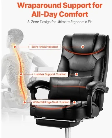 VEVOR Executive Chair High Back Office Chair with Footrest Lumbar Pillow Black