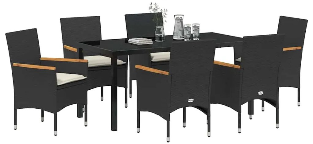 vidaXL Σέτ φαγητού για κήπο με μαξιλάρι 7 pcs Μαύρο συνθετικό ρατάν