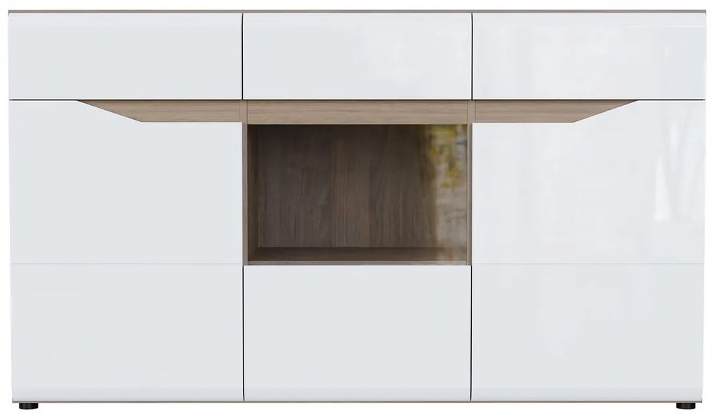 Βιτρίνα Orlando E103, Sonoma οξιά, Γυαλιστερό λευκό, Με πόρτες, Ο αριθμός των θυρών: 3, 85x150x41cm | Epipla1.gr