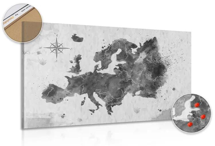 Εικόνα στο φελλό ενός ρετρό χάρτη της Ευρώπης σε ασπρόμαυρο - 90x60  wooden