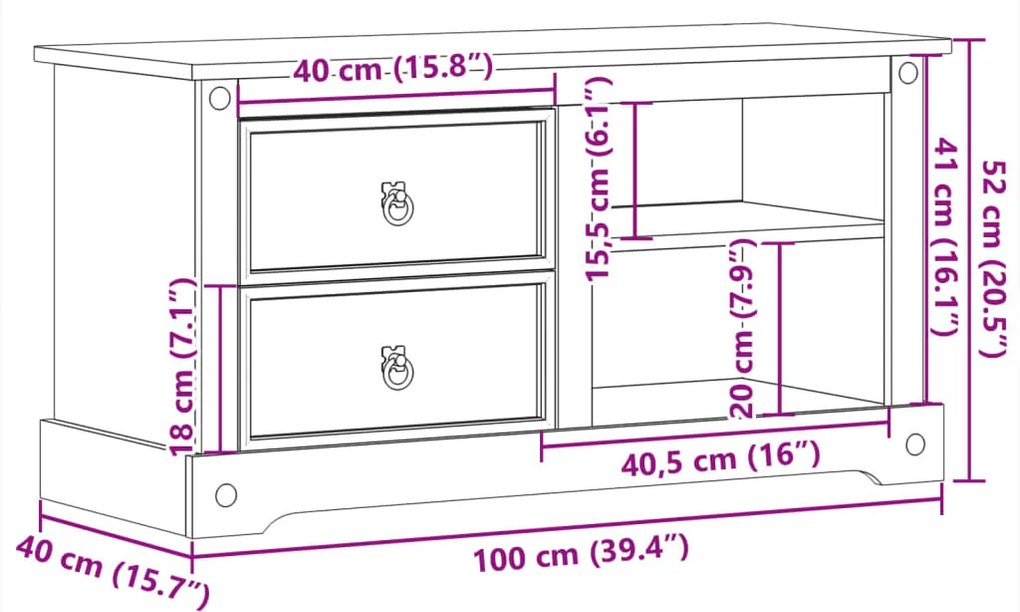 Έπιπλο Τηλεόρασης Corona 100x40x52 εκ. από Μασίφ Ξύλο Πεύκου - Καφέ