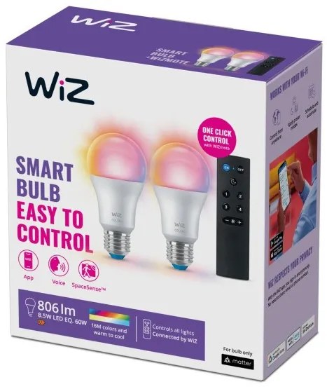 Έξυπνη Λάμπα 2xE27 60W A60 LED Λευκό Σετ RGBW 3CCT Dimmable Τηλεχειριστήριο 929003649601 Wiz-929003649601-Λευκό 929003649601