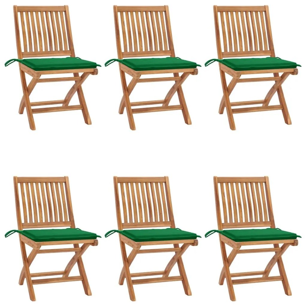 Καρέκλες Κήπου Πτυσσόμενες 6 τεμ. Μασίφ Ξύλο Teak με Μαξιλάρια - Πράσινο