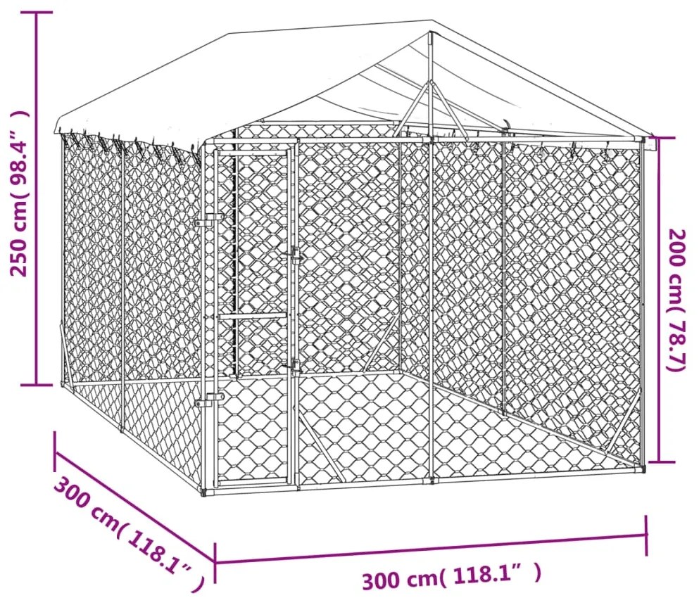 vidaXL Κλουβί Σκύλου Εξ. Χώρου με Οροφή Ασημί 3x3x2,5 μ. Γαλβ. Ατσάλι