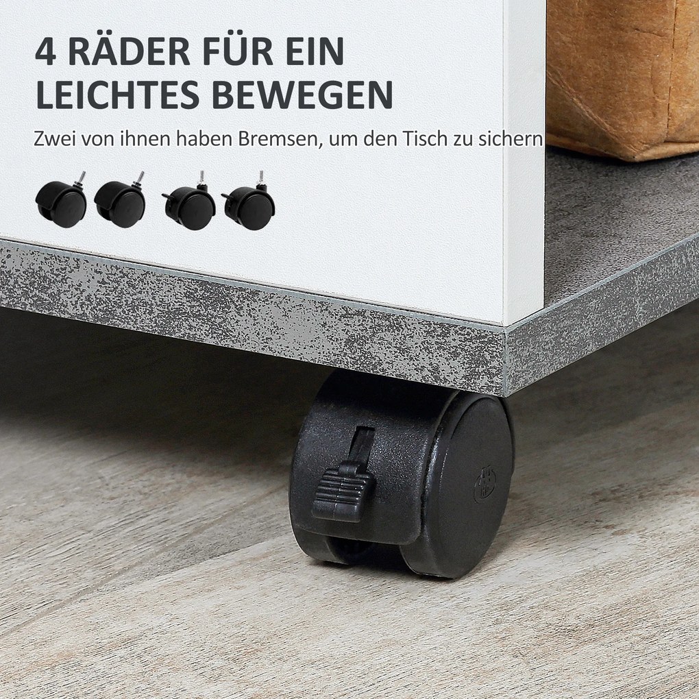 HOMCOM κομοδίνο, με 4 ροδάκια, 3 ράφια, 35 x 29,5 x 65,5 cm, γκρι/λευκό