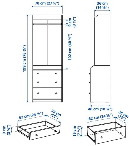 HAUGA ανοιχτή ντουλάπα με 3 συρτάρια, 70x199 cm 804.249.67