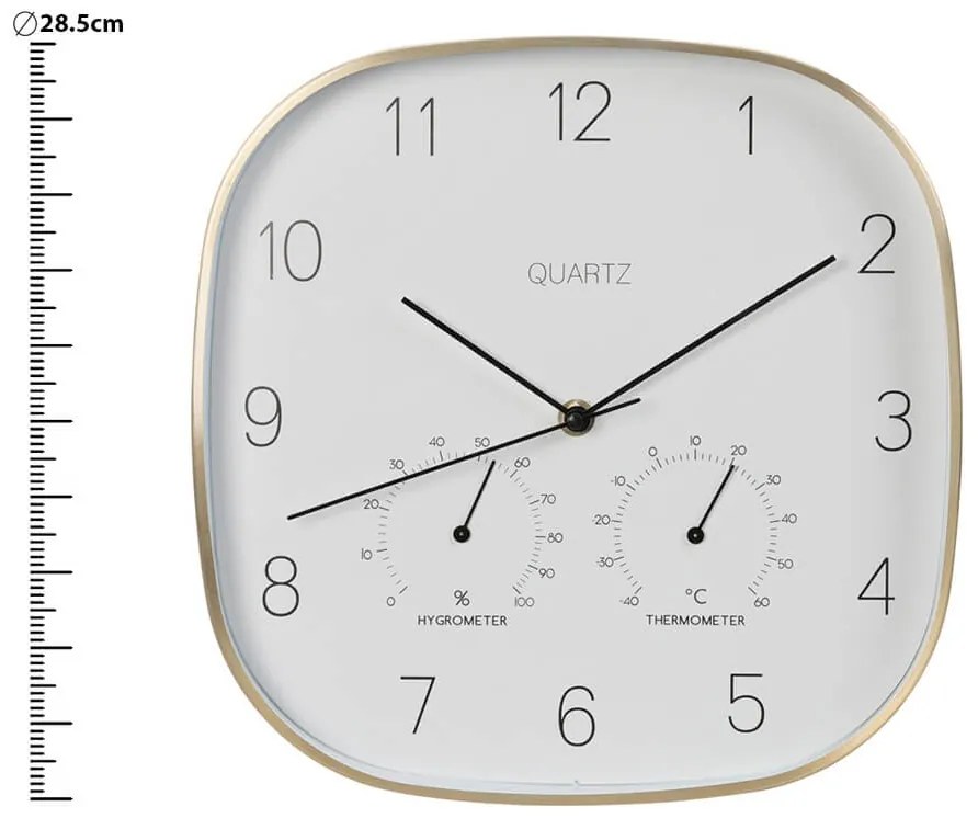 Ρολόι τοίχου Αναλογικό με Θερμόμετρο και Υγρόμετρο, διαμέτρου 28.5cm, Λευκό/Χρυσό