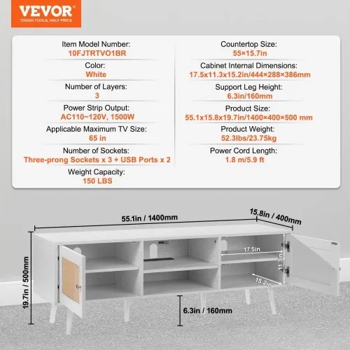 VEVOR Rattan TV Stand for 65&quot; TV Boho TV Stand with Build-in Socket White