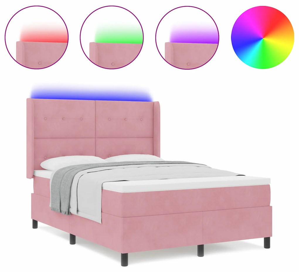 vidaXL κρεβάτι Box Spring με στρώμα και LED ροζ 140x190 εκ. βελούδο