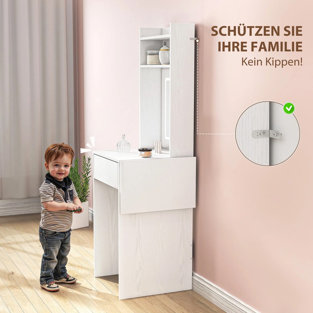 HOMCOM Συμπαγές τραπέζι μακιγιάζ με καθρέφτη και φωτισμό LED, αναδιπλούμενη επιφάνεια, ανοιχτά ράφια, συρτάρι, MDF, λευκό