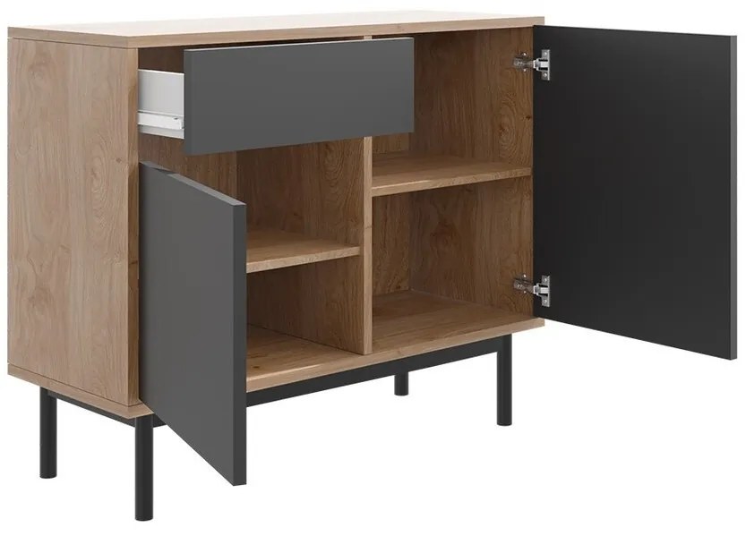 Σιφονιέρα Lima C101, Hickory δρυς, Γραφίτης, Με συρτάρια και ντουλάπια, 84x104x39cm