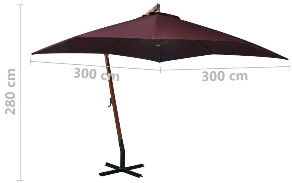 Ομπρέλα Κρεμαστή με Ιστό Μπορντό 3 x 3 μ. Μασίφ Ξύλο Ελάτης - Κόκκινο