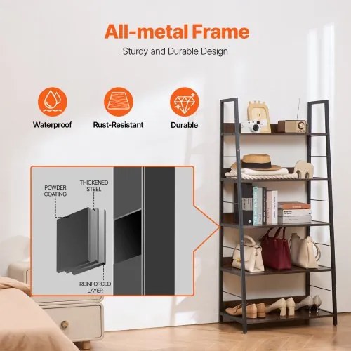 VEVOR Metal Bookshelf Rustic Bookcase 5-Tier for Living room Bedroom &amp; Office
