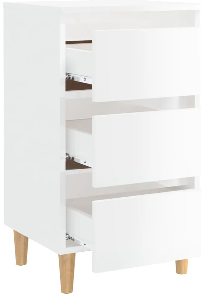 vidaXL Κομοδίνο Γυαλιστερό Λευκό 40x35x69 εκ. με Μασίφ Ξύλινα Πόδια