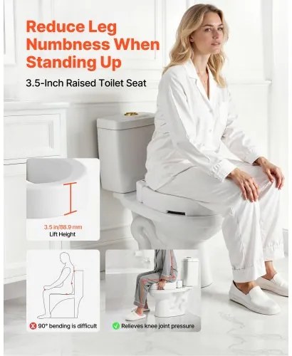 VEVOR Raised Toilet Seat, 136.1 kg Load Capacity, 88.9 mm Lift Height, Commode Elevated Toilet Seat Riser with Enlarged Opening for Seniors, Elderly, Handicap, Disabled, and Adults, Fits Round Bowl