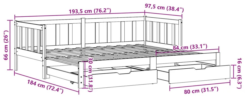 Καναπές Κρεβάτι Συρόμενος Χωρίς Στρώμα 90x190 εκ. &amp; Συρτάρια 3302193