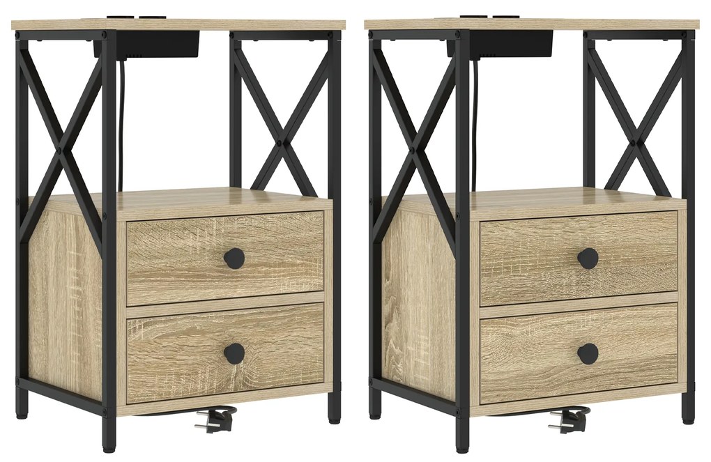 vidaXL Κομοδίνο με Σταθμό Φόρτισης με συρτάρι 2 pcs Sonoma Δρυς