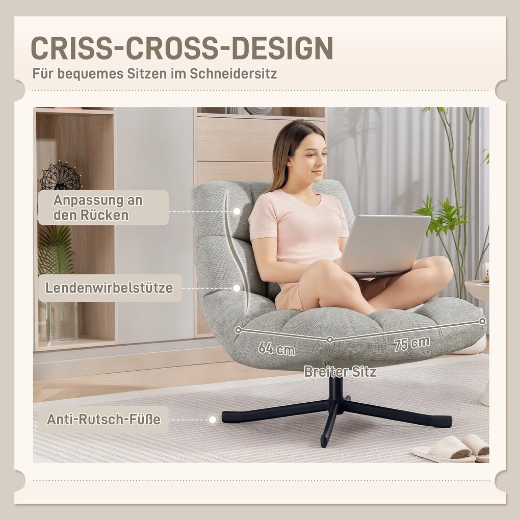 HOMCOM Πολυθρόνα Περιστρεφόμενη Πολυθρόνα Lounge με Φαρδύ Κάθισμα, αδιάβροχο ύφασμα τύπου Chenille, σταυρωτά ατσάλινα πόδια, ανοιχτό γκρι