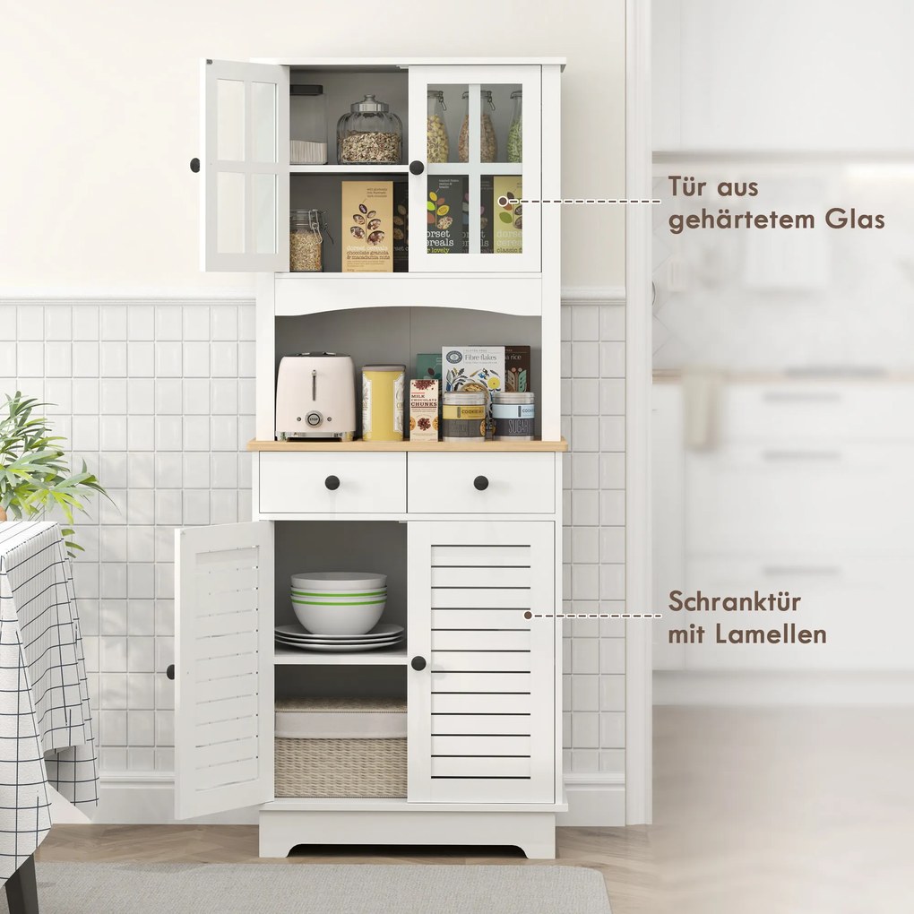 HOMCOM Ντουλάπι κουζίνας με γυάλινες πόρτες, 2 συρτάρια, Ντουλάπι σερβίτσιων, Ντουλάπι τραπεζαρίας, Ξύλο, 68 x 39,5 x 170 cm, Λευκό