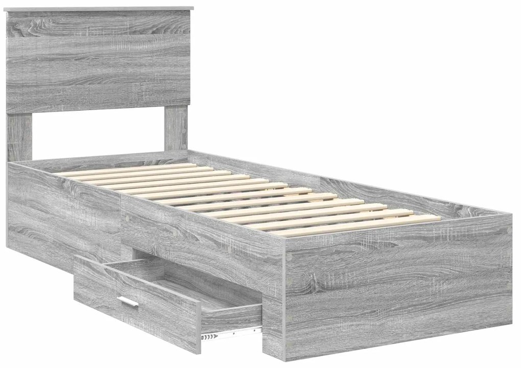 vidaXL Σκελετός Κρεβατιού με συρτάρι Γκρι Σονομά και Ασημί 75 x 190 cm