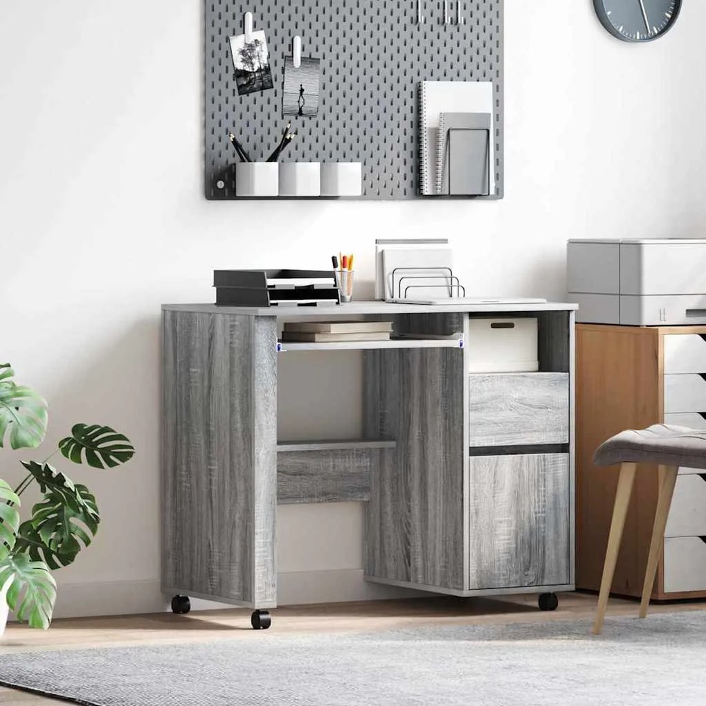 vidaXL Γραφείο με Ρόδες Γκρι 91 x 50 x 77 εκ. Επεξεργασμένο ξύλο