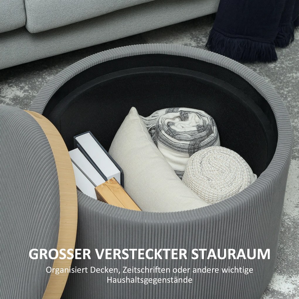 HOMCOM σκαμπό αποθήκευσης με αποθηκευτικό χώρο, στρογγυλό, υποπόδιο, ύφασμα κοτλέ, MDF, Γκρι
