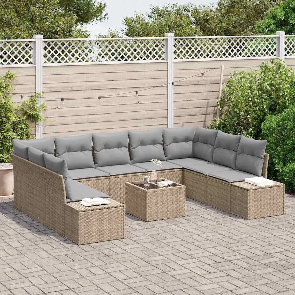 vidaXL Σετ Καναπέ Κήπου με μαξιλάρι 10 pcs Μπεζ Πολυ ράταν