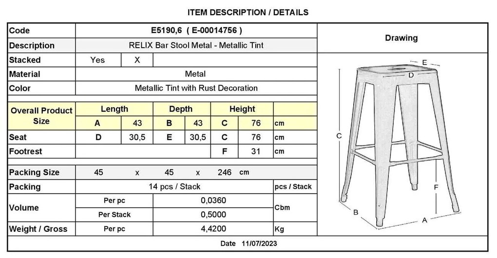 Σκαμπώ RELIX Wood BAR Metal 43x43 H.76cm