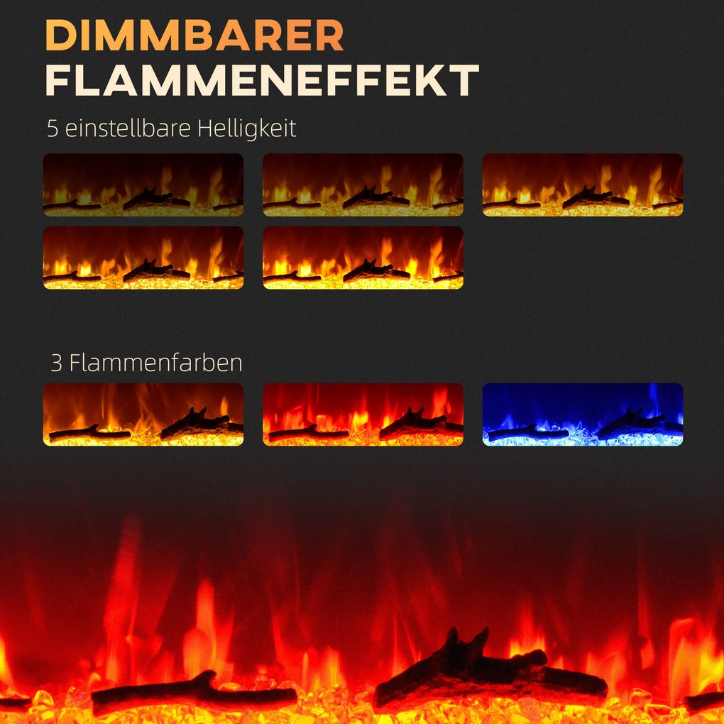 Ηλεκτρικό τζάκι HOMCOM για επιτοίχια τοποθέτηση με τηλεχειριστήριο, ψεύτικα ξύλα και κρύσταλλα, ισχύς 1800W, Μαύρο