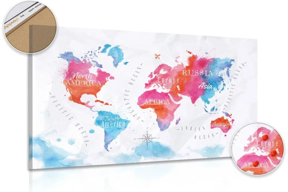 Εικόνα στον παγκόσμιο χάρτη ακουαρέλα φελλού - 90x60  transparent