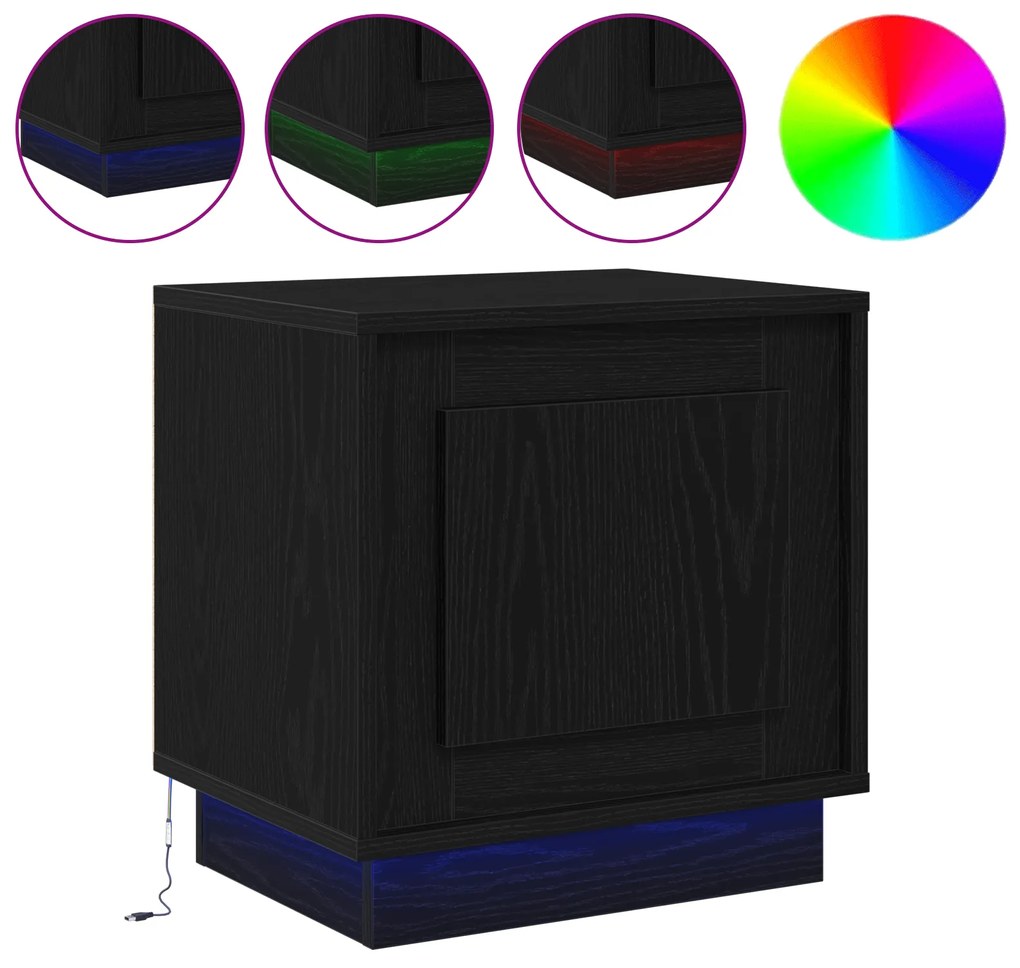 vidaXL Κομοδίνο με LED Φώτα Μαύρη Δρυς 44x34,5x45 εκ.