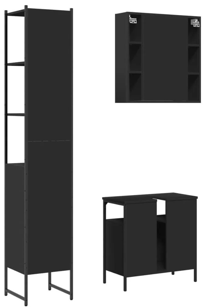 Σετ Επίπλων Μπάνιου 3 Τεμαχίων Μαύρο από Επεξεργασμένο Ξύλο - Μαύρο