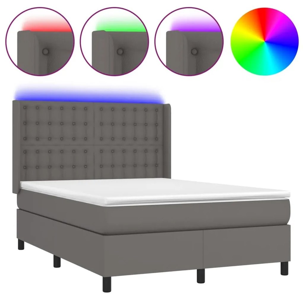 Κρεβάτι Boxspring με Στρώμα &amp; LED Γκρι 140x190 εκ. Συνθ. Δέρμα - Γκρι