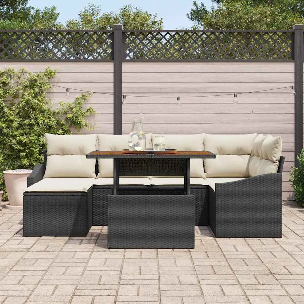vidaXL Σέτ φαγητού για κήπο με μαξιλάρι 7 pcs Μαύρο, Κρέμα
