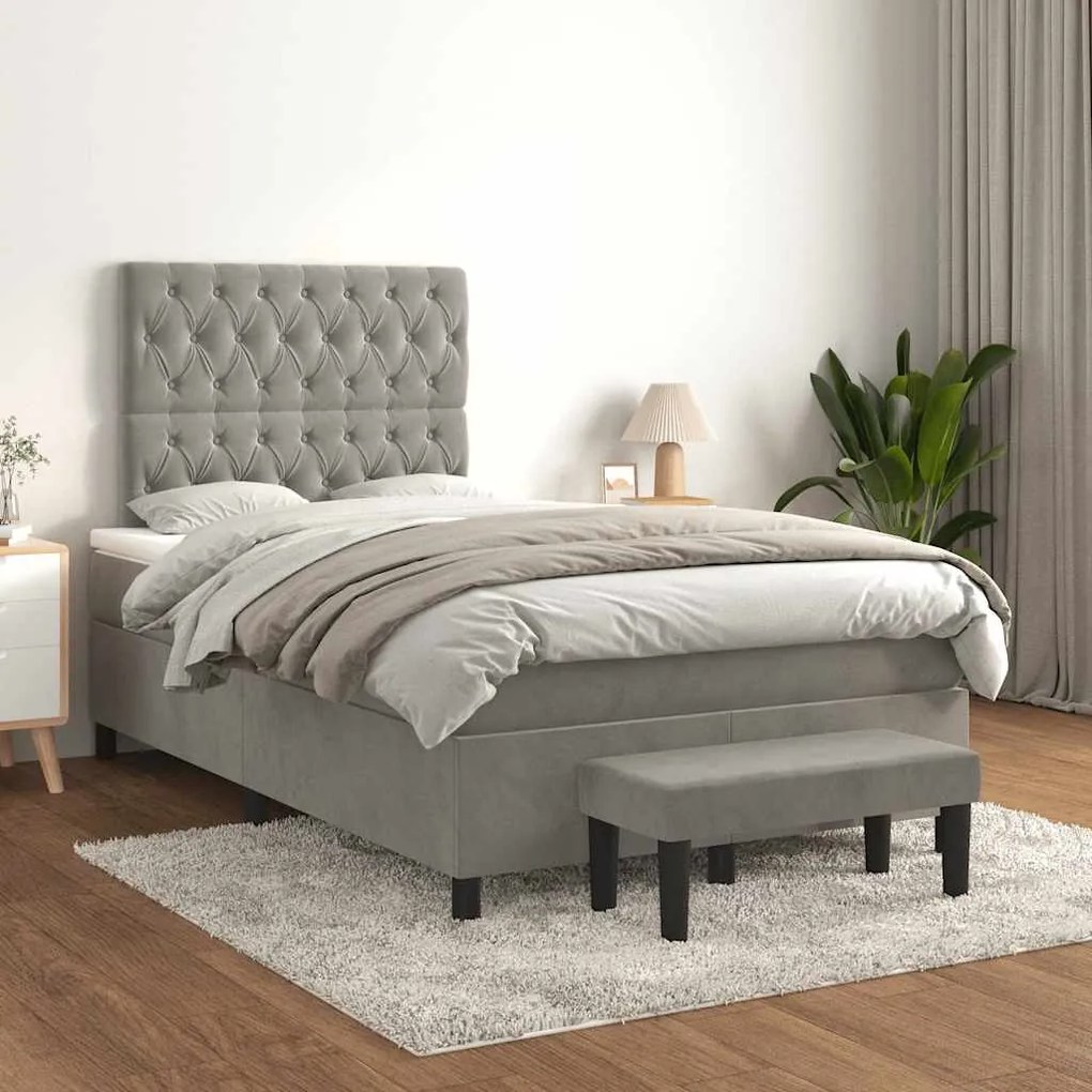 vidaXL Κρεβάτι Boxspring με Στρώμα Ανοιχτό Γκρι 120x190 εκ. Βελούδινο